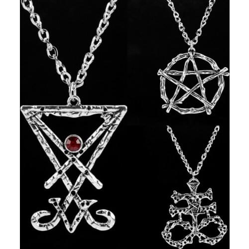 Satanic Lucifer Geometric Baphomet Amulet Necklace Goat Satan Wiccan Satanism Pentagram Pendant Necklace Mens Jewelry 4 Styles