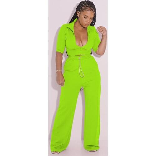 Early Autumn Sexy Two Piece Set Women Clothing Zipper Front Half Sleeve Crop Top and Pocket Loose Wide Leg Pant Co Ord Outfits