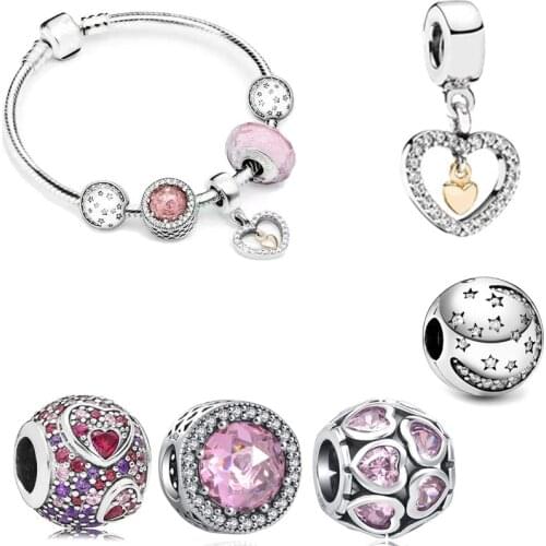 2021 New Fashion Silver 925 Charm Pink Valentine Day Bead Pendant Fit Original Pandora Bracelets DIY Fine Sterling Jewelry Gift