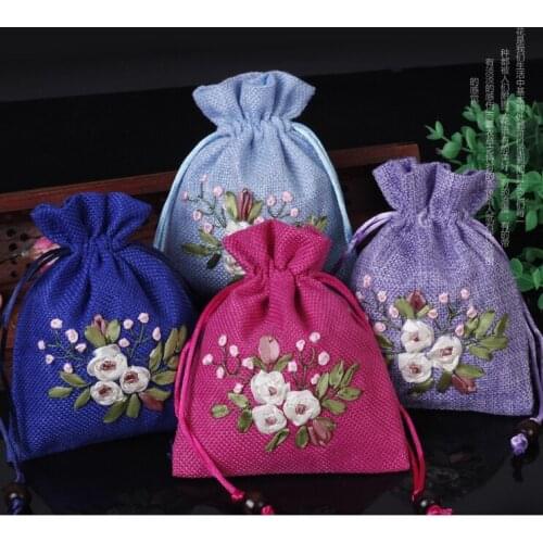 Handmade Ribbon Embroidery Small Linen Bag Gift Packaging Wedding Party Favor Bags Drawstring Cloth Jewelry Bags 50pcs/lot