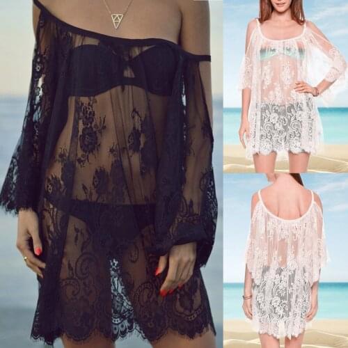 S-XXL Sexy Womens Lace Dress Women Sexy See Through Swimwear Cover Up Party Club Summer Bodycon Beach Lace Dress Beachwear