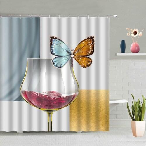 Wine Glass Butterfly Shower Curtain Modern Simple Living Room Background Wall Bathroom Decor Bath Curtains Washable Home Screen