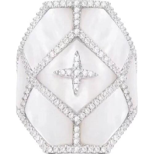 SLJELY 925 Sterling Silver Mother of Pearl Star Art Angular Ring Micro Set Cubic Zirconia Stones Women Palace Collection Jewelry