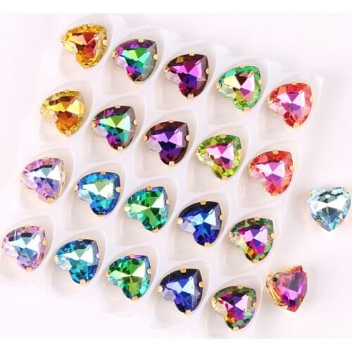 Heart shape gold claw settings 20pcs/Pack 10mm rainbow & jelly AB glass Crystal Sew on rhinestone Crystals applique clothes diy