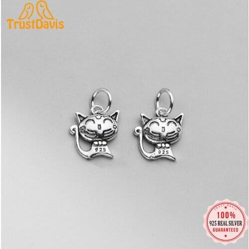 TrustDavis New Real 925 Sterling Silver Fashion Sweet Animal Cat Charm Pendant Handmade DIY Accessories Jewelry Wholesale DZ428