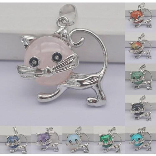 Tigereye/Green Aventurine/Crystal/Brazilian Sodalite/Howlite/Picture Stone GEM Pendant Lovely Cat Animal Jewelry For Gift 1PCS