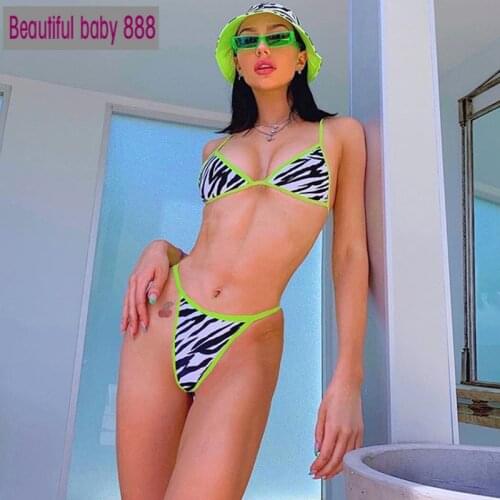 Women Zebra Print sets Neon Green Bikini sets Swimming suits Two pieces Sexy Suits Summer Beach Vacation Camis Underpant Sets