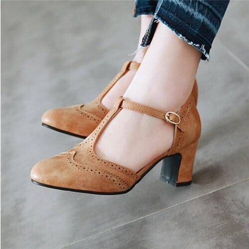 YMECHIC 2019 Summer High Heels Womens Shoes Vintage Brogue Fretwork T Strap Block Heel Pumps Black Yellow Brown Ladies Shoes