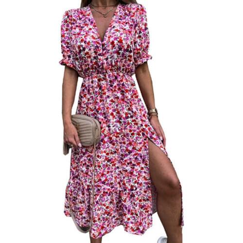 Summer Womens Dresses 2021 Fashion Short Sleeve V-Neck Stylish Spilt Floral Dress Patchwork Slimming Waist Casual Long Vestidos