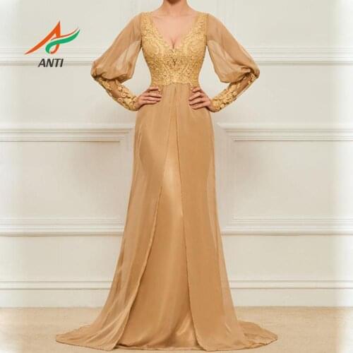 ANTI abiye 2019 Champagne Evening Dress Long Sleeves Woman Plus Size Formal Party Gowns Elegant Lace Tulle robe soiree in turkey