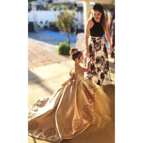Gold Lace Crystal Beads Girl Party Dresses And Satin Tulle First Birthday Party Dresses