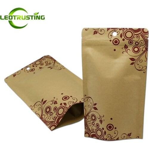 50pcs Kraft Paper Printed Ziplock Bag Coffee Beans/Powder Nuts Sugar Storage Bag Snack Display Pouch Paper Gift Bag For Children