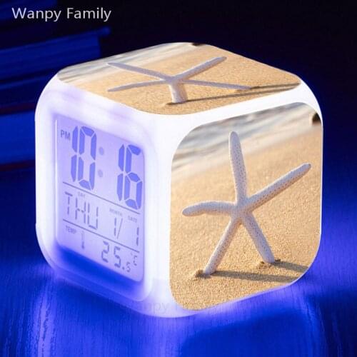 Beach Starfish Alarm Clock 7 Color Glowing LED Digital Alarm Clock For Kids Gift Multifunction Flash Electronic Watches Clock
