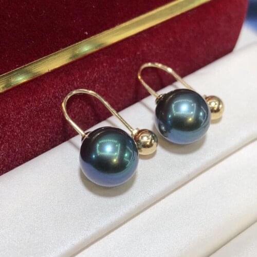 D521 Pearl Earrings Fine Jewelry Solid 18K Gold Round 8-9mm Nature Fresh Water Peacock Green Pearls Stud Earrings for Women
