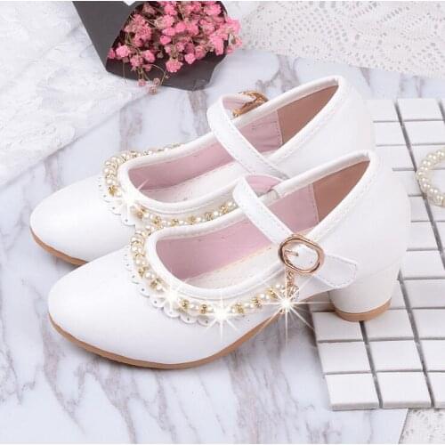 Princess Kids High Heels Shoes Kids Dress Party Leather Shoes Baby Girls Childrens White Shoes Enfants Wedding for Girl