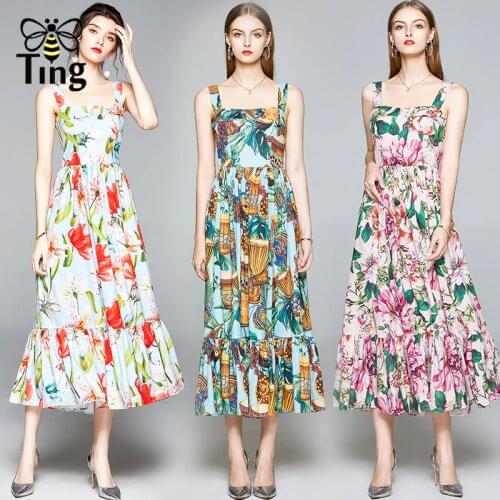 Tingfly Designer Runway Vogue Flower Luxury Midi Long Party Dinner Dresses Vintage Strap Summer Casual Pink Floral Plus Dress D