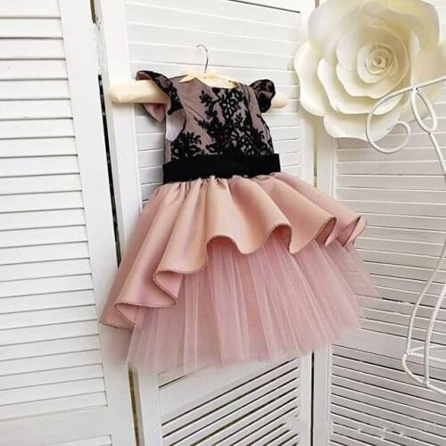 Customized Baby Girls Dresses for Birthday Black Top Lace Puffy Tulle Short Sleeves Flower Girl Dress Party Gowns for Kids