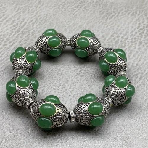 Exquisite Chinese Rare Collectible Tibetan Silver Handwork Inlaid Jade Auspicious Bracelet Statue Handicraft Home Decoration#3