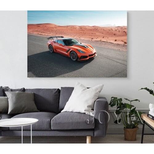 Canvas Paintings Supercar Chevrolets Corvette ZR1 Orange Metallic Desert Highway Posters Wall Art Prints for Living Room Decor