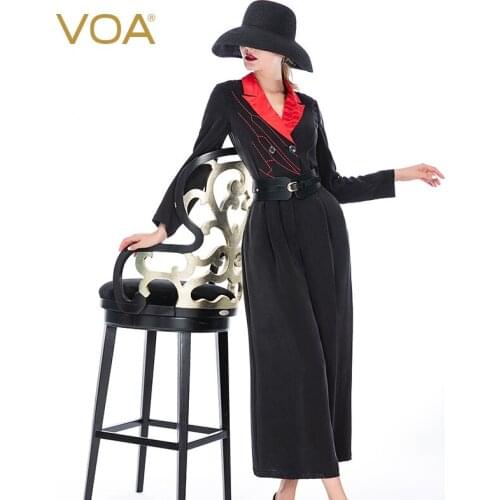 VOA Black Distressed Silk Jumpsuit KE127 Lapel Red Line Double-breasted Office Lady Nine-point Jumpsuits for Women 2021 Elegant