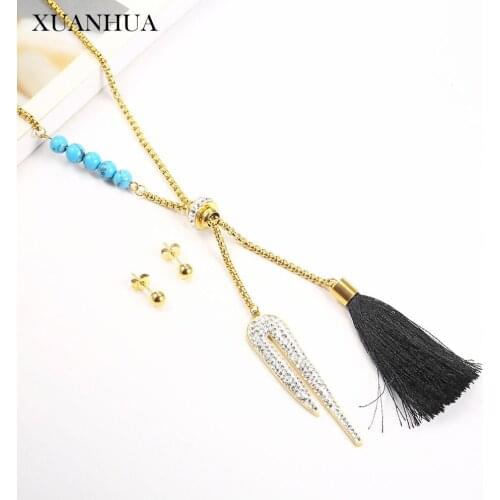XUANHUA Tassel Necklace Earrings Set Bohemian Stainless Steel Jewelry Woman Vogue 2019 Jewelry Accessories Gifts For Women