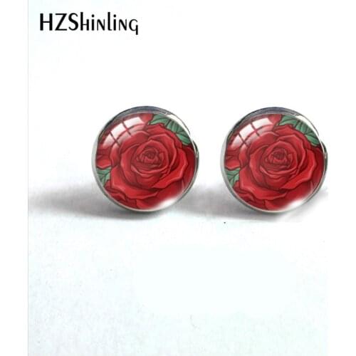 Red Rose Pattern Glass Cabochon Round 12mm Earrings Jewelry Handmade Crafts Earrings for women