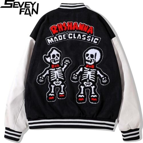 SEVEYFAN Mens Retro Towel Skull Embroidery Jacket Hip Hop PU Leather Patchwork Baseball Coat Streetwear for Couples