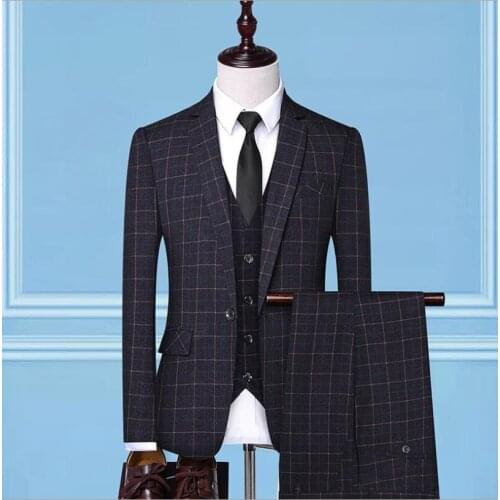 Fashion black Plaid Wedding Tuxedos Groom Men Suits Groomsmen Formal 3 Piece Suits (Jacket+Pants+Vest+Tie) costume homme terno