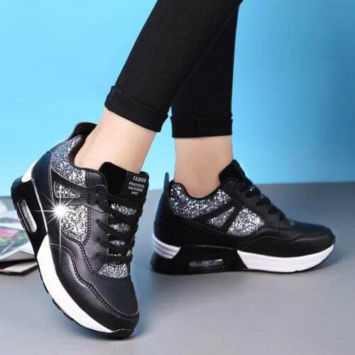 Fashion Spring Wedge Platform Sneakers Glitter Shoes Women Korean White Sneakers Shining Leather Casual Shoes Height Increasing