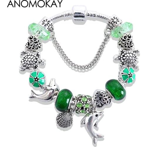 Fashion Tortle Shell Dolphin Ocean Animal Bead Bracelet Green Murano Crystal Charm Bracelet Pulseras Authentic Jewelry