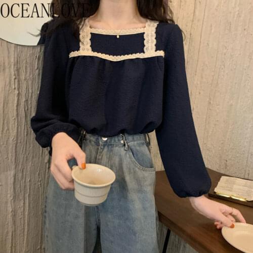 OCEANLOVE Puff Sleeve Women Blouses Vintage Lace Patchwork Sweet Autumn Blusas Fenimina Japan Style Kawaii Shorts Square Neck