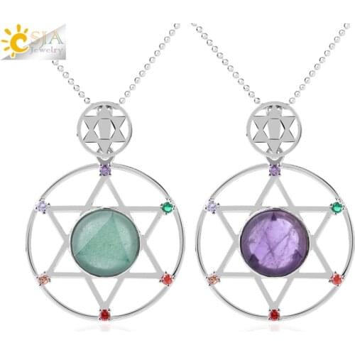 CSJA New Natural Stone Hexagram Pendant Necklace Spiritual Star of David Healing Chakra Beads Fashion Jewelry for Women Men F813