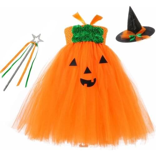 Orange Pumpkin Pattern Halloween Witch Outfit Tutu Dress Halloween Costumes for Teens Vampirin Birthday Flower Dress