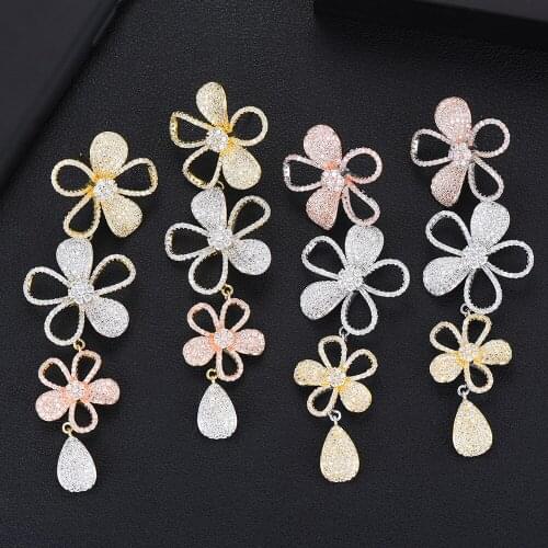 LARRAURI Luxury Full Micro Cubic Zirconia Indian Wedding Earring Fashion Jewelry 3Tone Flower Long Dangle Earrings for Women