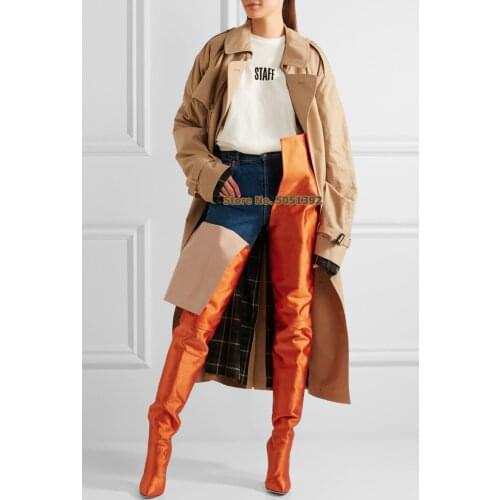 Thigh High Boots Orange Over The Knee Pointed Toe Over-the-Waist Women High Heel Long Boots Sexy Fashion Show Satin Shoes