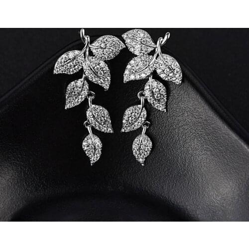 New Elegant Leaf Plant Shape Drop Earrings Statement Tiny CZ White Color Noble Bridal Wedding Dangle Brincos Jewelry
