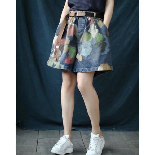 Summer Fashion Denim Shorts Women Casual Loose Ladies Pockets Elastic Waist Pocket Printed Wide Leg Shorts Jeans Female 2021