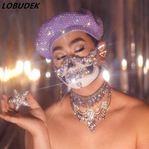 Full Rhinestones Hat Headgear Bar Nightclub Party DJ Male Female Singer Stage Performance Ornament Red Crystals Cap Accessories