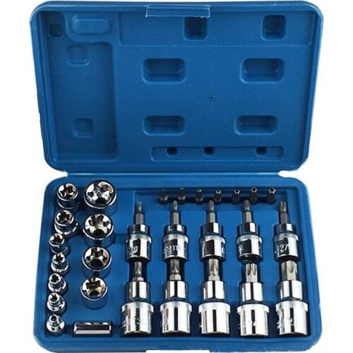 Universal Torque Wrench 29pcs 1/4" 3/8" 1/2" Socket Set Car Repair Tool Ratchet Combo Tools Kit CRV Bright Chrome Socket