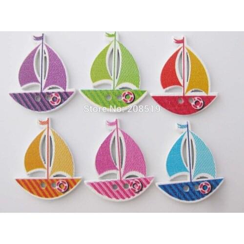 WBNWNO 30mm*25mm Sailboat shape 2 holes painting wooden button 100pcs mixScrapbooking decoration
