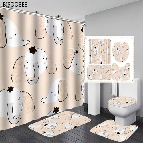 Pink Elephant Printed Shower Curtain Waterproof Fabric Bathroom Curtains Set Cute Animal Non-Slip Rug Toilet Lid Cover Bath Mat