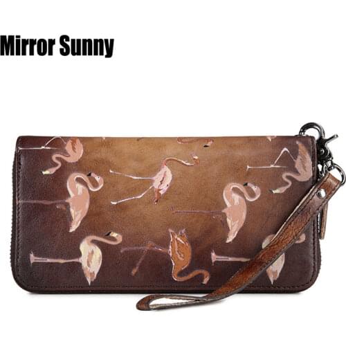 New Head Cowhide Leather Long Style Womens Wallet Fashion Retro Casual Crane Female Zipper Purse ID Card Holder Cellphone Bag