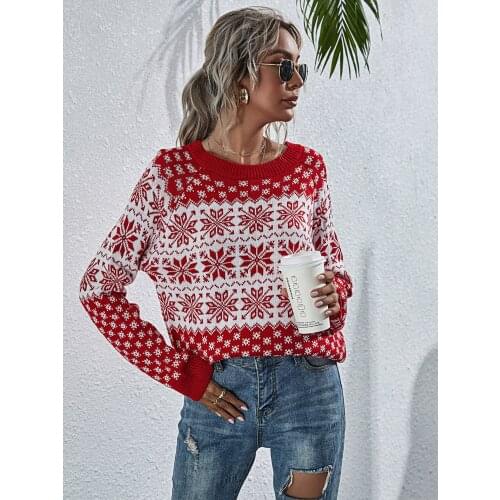 2021 Christmas sweater women snowflake new knitted loose Christmas long sleeved round neck knitted sweater women