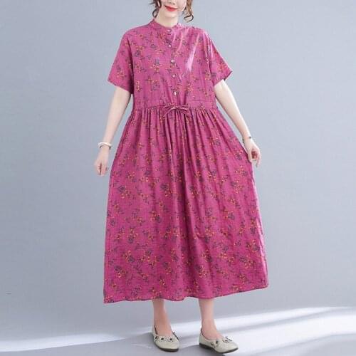 Women Cotton Linen Casual Dress New Arrival 2021 Summer Vintage Style Floral Print Loose Ladies Elegant Long Dresses B641