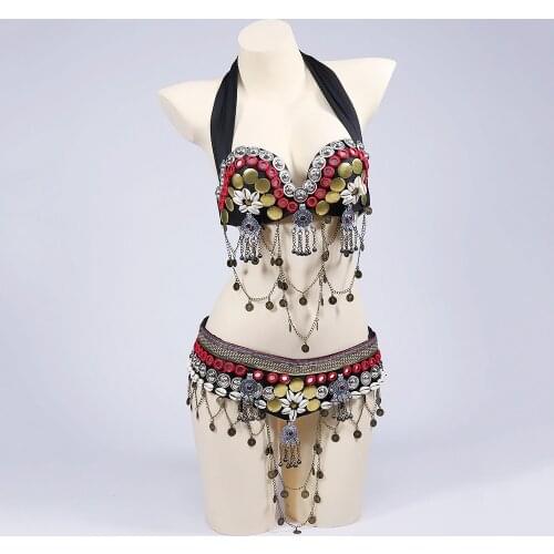 Hard Cup Tribal Belly Dance Coins Bra Belt & Armbands with Mirrors Shells Afghani Jewelry Accents Women ATS Costume Set