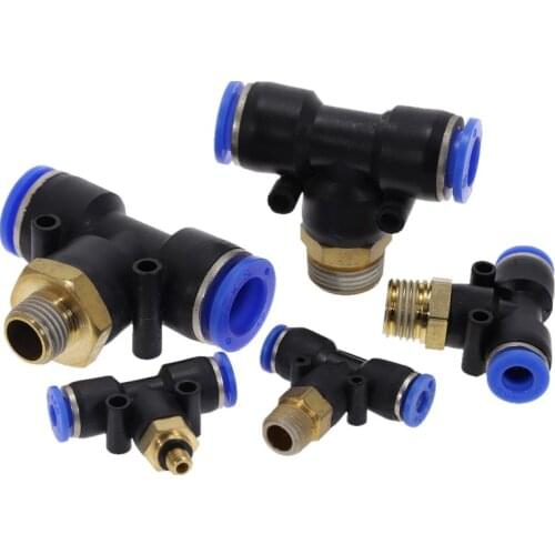 10PC Pneumatic Fitting Air Connector T Shape Tee PB 4mm 6mm 8mm 10mm 12mm Hose Pipe M5 1/8" 1/4" 3/8" 1/2" Male Thread Coupler