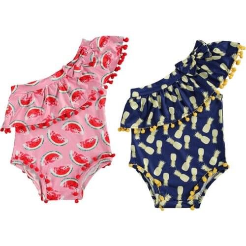 2021 New Baby Girls Swimsuits Kids Bikini One Shoulder Watermelon Printed Tassel Swimwear Summer Toddler Beachwear 0-5Y