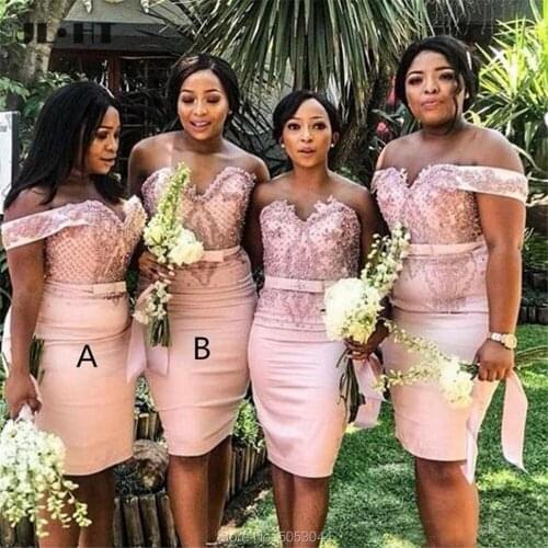 2021 African Black Girls Wedding Party Dress Short Appliques Beaded Flowers Elastic Satin African Bridesmaid Dresses for Women