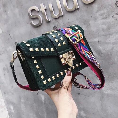 2021 Women Shoulder Bag Wide Strap Small Square Bag Fashion Rivet Crossbody Bag Female Messenger Bag purse designer handbags Q4