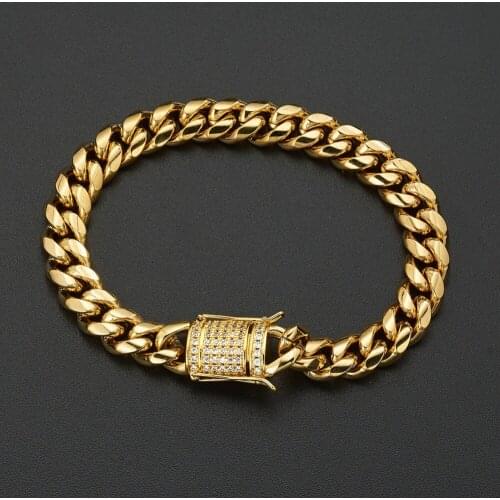 8/10/12/16/18mm CZ Zircon Stone Pave Stainless Steel Gold Cuban Miami Chain & Link Bracelets for Male Boys Hip Hop Rock Jewelry